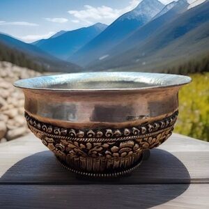 Large Hand Carved Traditional Tibetan Auspicious Floral Pattern Rice Wine Bowl